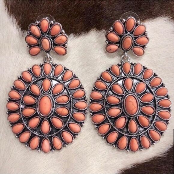 Western Coral Natural Stone Drop Dangle Earrings - Picture 1 of 7